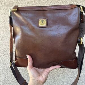 MCM Brown Leather Messenger Bag with Gold Logo